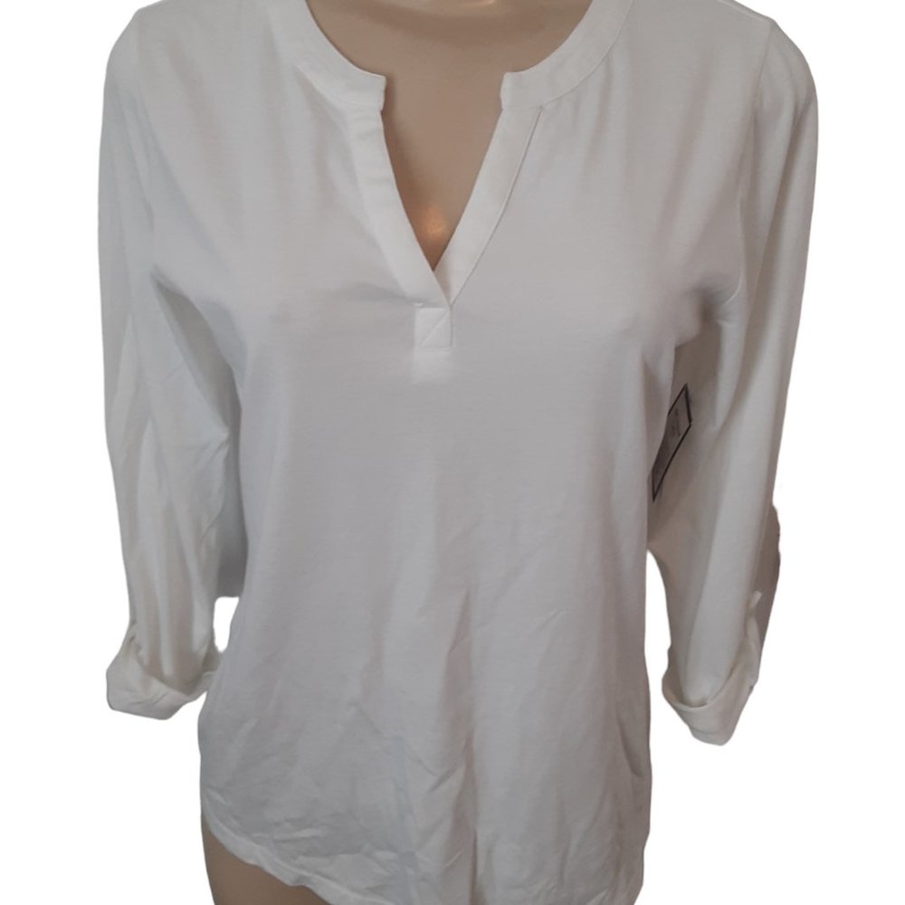 Charter Club Split Neck Bright White 100% Supima Cotton Top Roll Tab - Picture 3 of 10